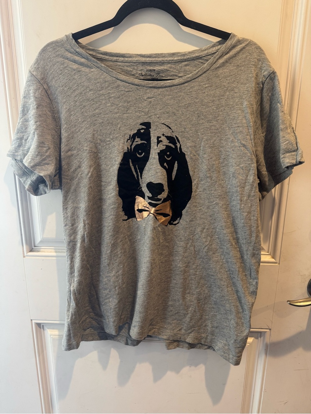 J Crew Casual Grey Dog Graphic Tee with Gold Bow